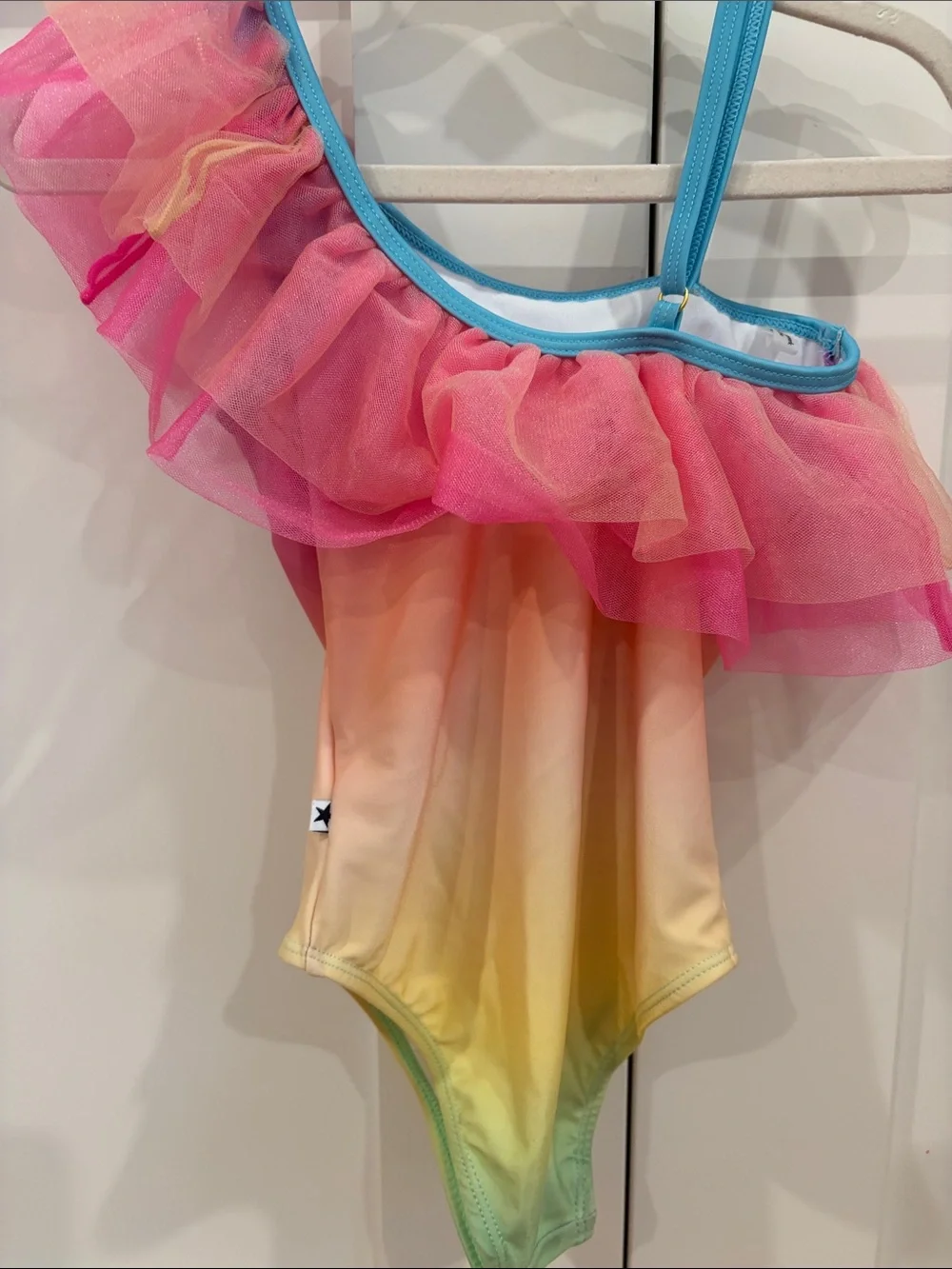 Girls MOLO Ombre Ruffle One-Shoulder Swimsuit - Pink, Yellow, Blue